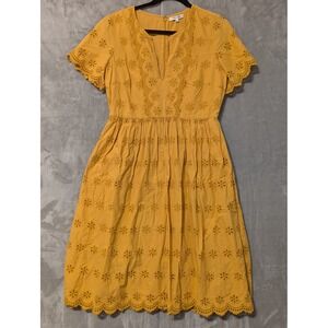 Madewell Eyelet Midi Dress Womens 8 Mustard Yellow Floral V-Neck L2364 Cotton